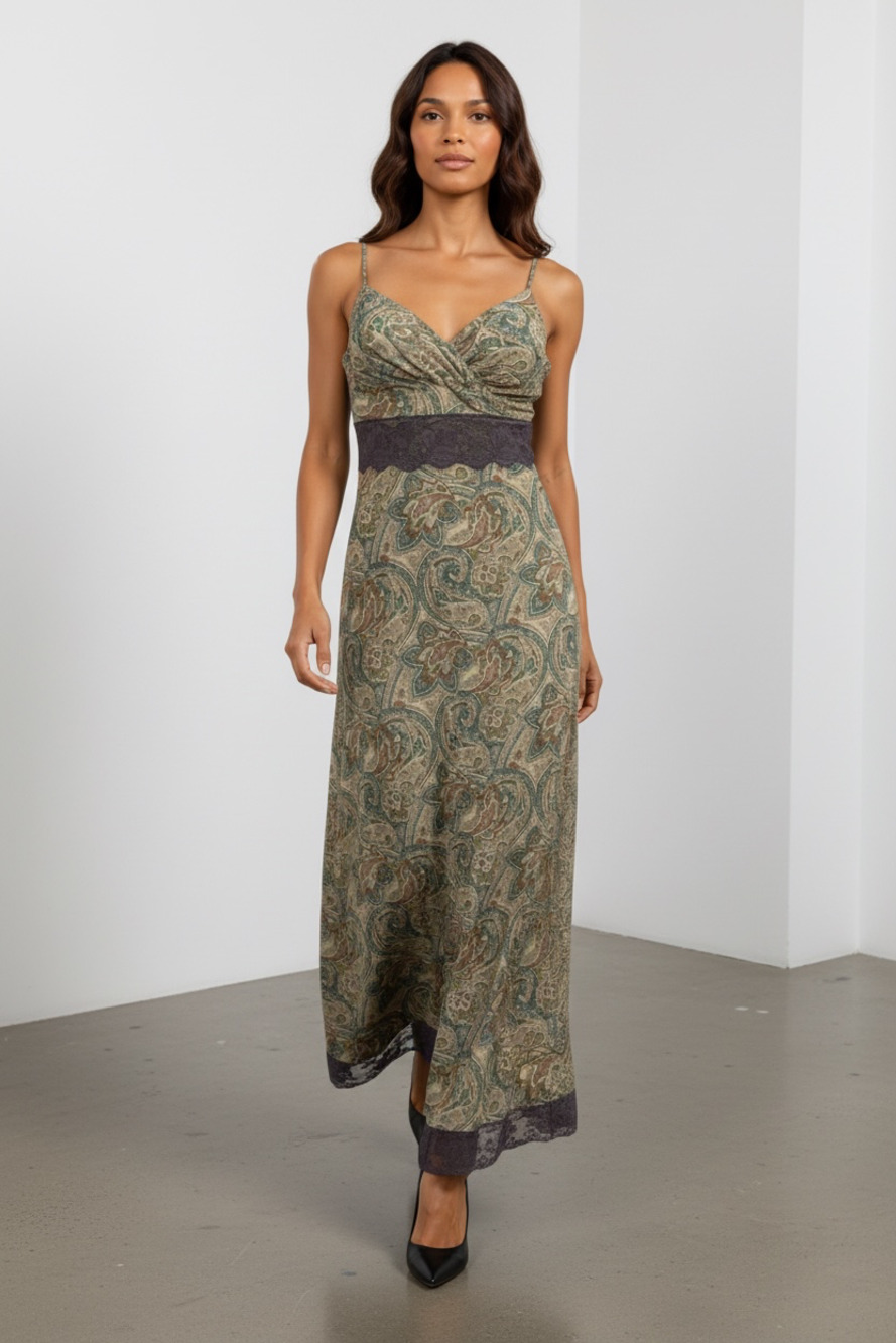 California Concepts Paisley Print Lace Trim Midi Dress
